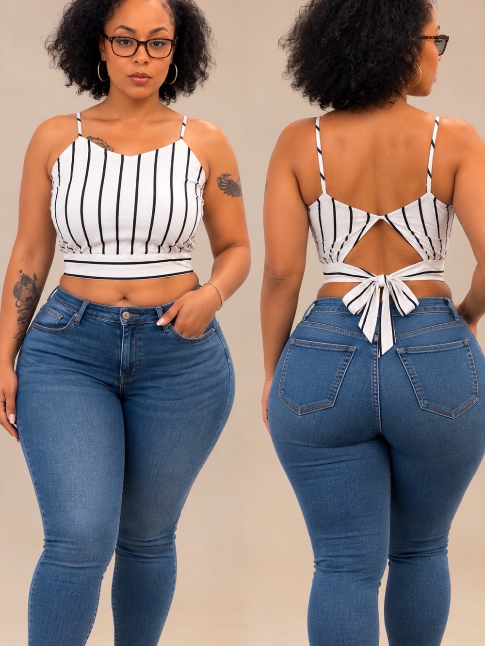 Striped White & Black Tie-Back Crop Top - Women